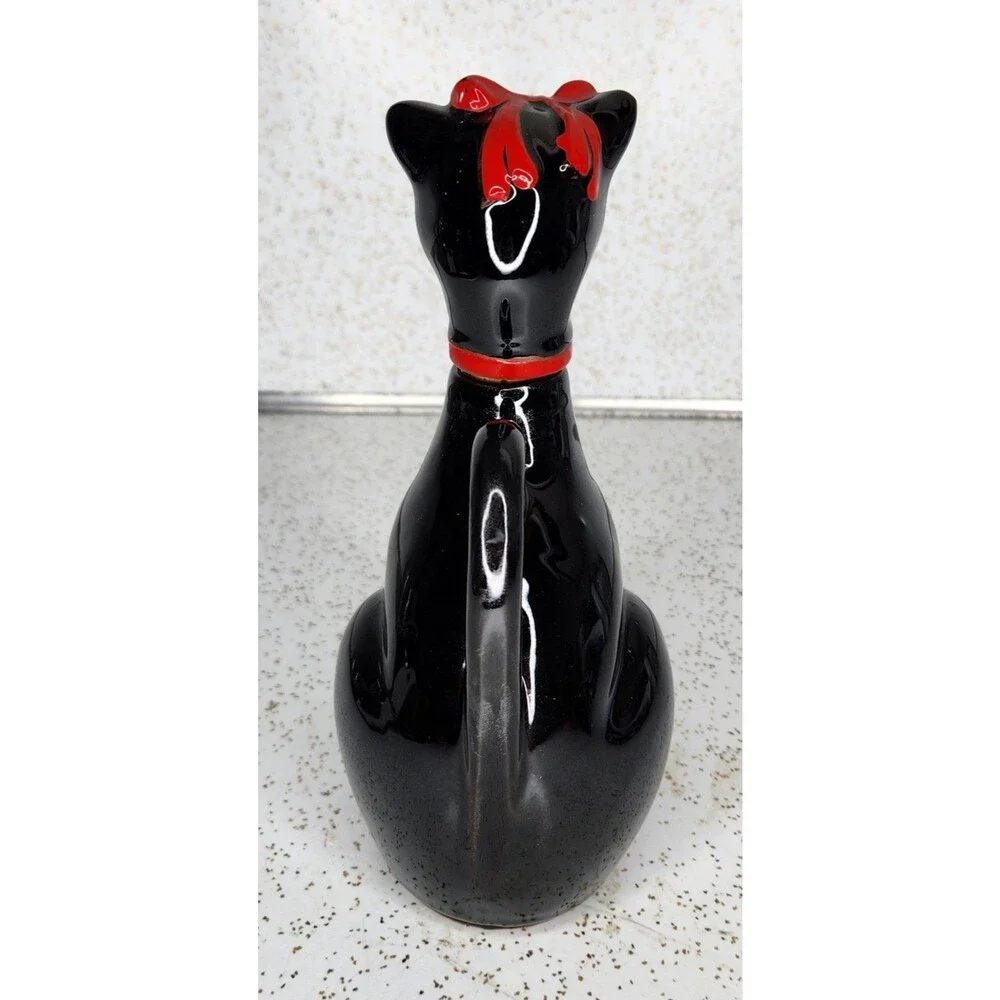 Shafford Japan Redware Black Cat Red Bow Sake Cruet Bottle Vintage HTF Rare